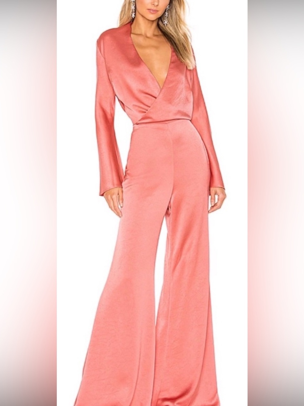 $724 ALEXIS “Raine” Flared Satin Jumpsuit in Rose Madder